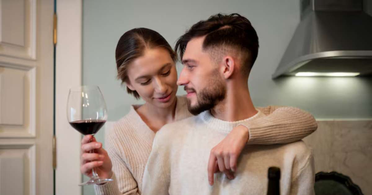 Romance em casa: casal desfruta do prazer do vinho e enquanto pensam sobre o tema "hormônio do prazer".